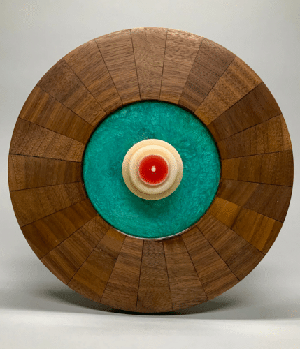 Platter with deep blue center and patterned wood frame