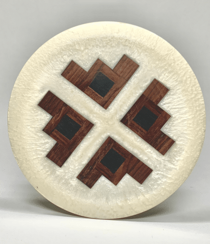 Platter with deep blue center and patterned wood frame