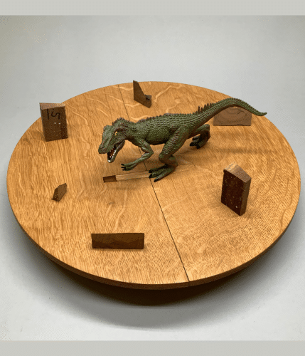 Platter with deep blue center and patterned wood frame